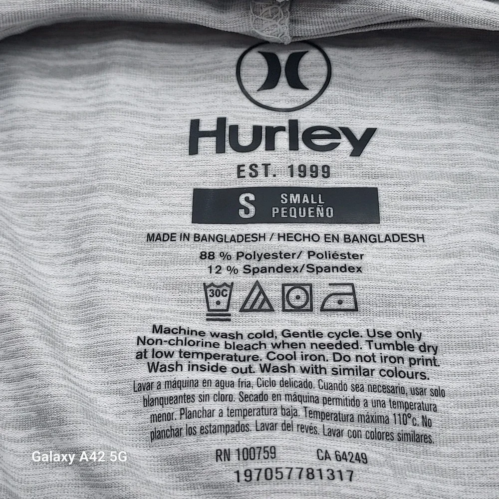 Hurley Mens Small Grey Long Sleeve Hooded Sun Shirt Rash Guard Surf and Enjoy